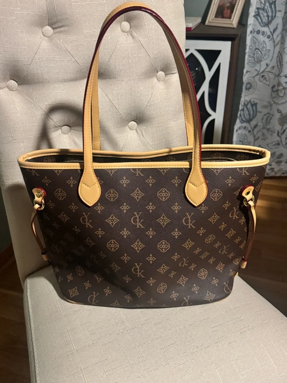 Guyika Brown Monogram Tote with Tan Trim - Picture 3 of 16